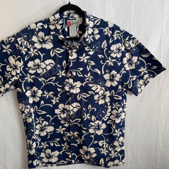 Vintage 90s Hilo Hattie Blue White Floral Hawaiian Aloha Shirt Mens Large - Picture 1 of 7